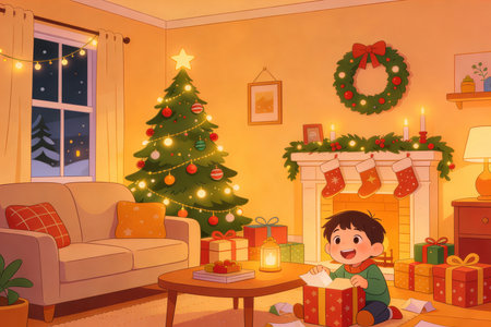 Boy reading a book in the room decorated for Christmas. Vector illustration.の素材