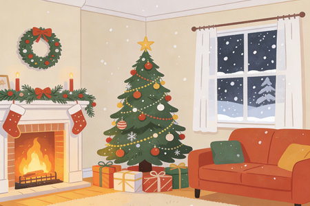 Christmas living room interior with fireplace and christmas tree. Vector illustration.の素材