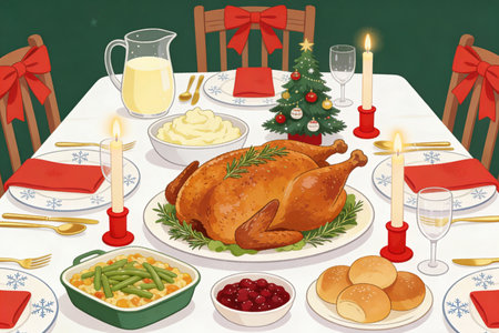 Christmas dinner with roasted turkey, mashed potatoes, cranberry sauce, dumplings, baked beans, green beans, served table with cutlery, candles and red bow. Vector illustrationの素材