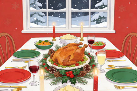 Christmas dinner with roasted turkey on the table. Vector illustration of Christmas dinner in the interior.の素材