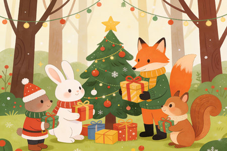 Christmas card with cute cartoon animals in the forest. Vector illustration.の素材