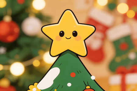 Christmas tree with star on blurred background, closeup. Festive decorationの素材
