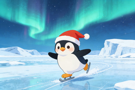 Cute penguin skating on ice against aurora borealis in the skyの素材