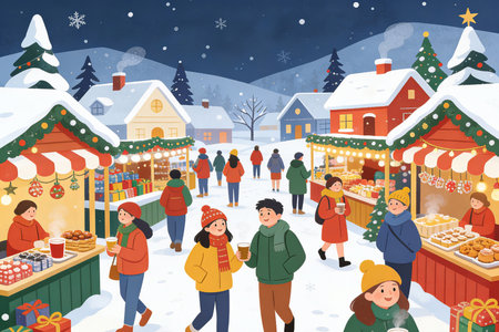 Christmas market vector illustration. People buying sweets and cookies on Xmas fair in village.の素材