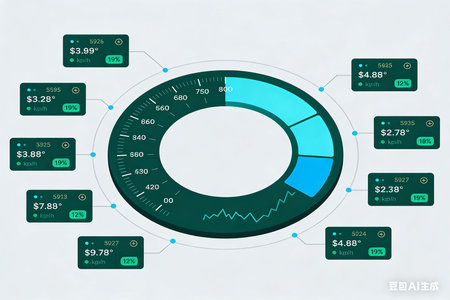 Futuristic infographics template with pie charts and business icons.の素材