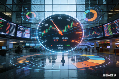 Double exposure of stock market indicator and business center interior background. Concept of financial analysis.の素材