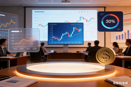 Business people in meeting room with financial graph and candlestick chartの素材