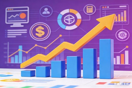 3d rendering of graph with arrow on color background. Financial growth conceptの素材