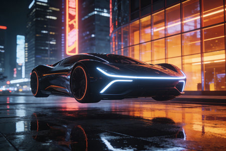 3D rendering of a brand-less generic concept car in the cityの素材