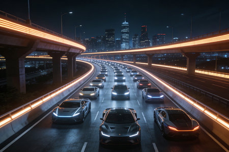 Highway at night with cars and lights in shanghai china.の素材