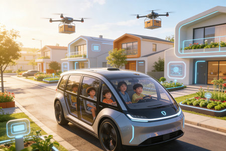 Happy family driving a car in front of their new house with a drone.の素材