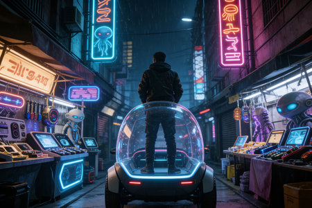 Handsome young man in casual clothes standing on the road and looking at neon signs on the street.の素材