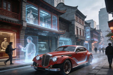 Old classic car on the street in Shanghai, China. Photo collage.の素材