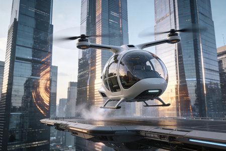 Helicopter flying over the city. 3D Rendering.の素材