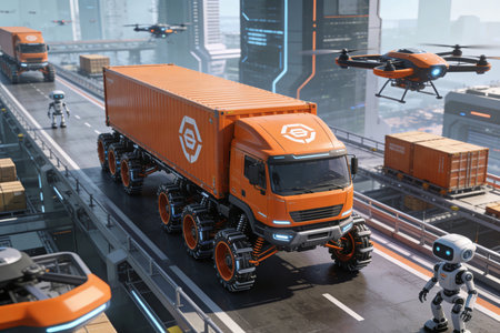 3D rendering of a robot and a cargo truck in the cityの素材