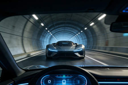 View from inside of a car in a tunnel. Concept of fast driving.の素材