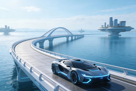 3D rendering of a concept car driving on a highway in the cityの素材