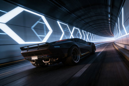 3D rendering of a black vintage car driving in a tunnel.の素材