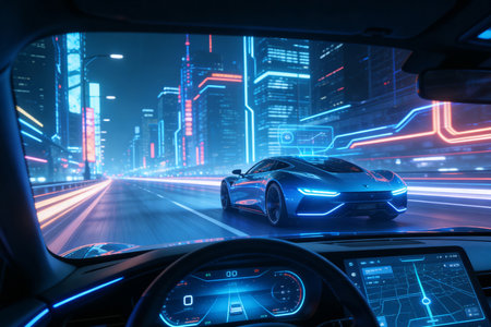 car on the road with motion blur background and city at night.の素材