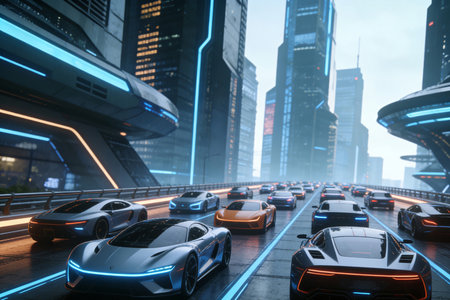 3D rendering of a modern city in the evening with cars on the roadの素材