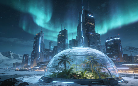 Aurora borealis, the northern lights over the night cityの素材