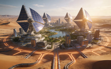 3D rendering of a futuristic city with solar panels in the desertの素材