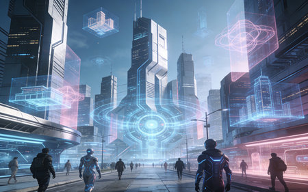 Silhouettes of people walking on the street with buildings and digital interface. Technology concept. Double exposureの素材