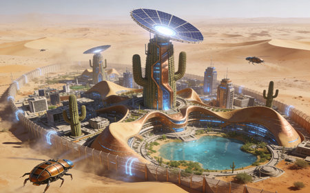 Futuristic city in the desert. 3d rendering. Computer digital drawing.の素材