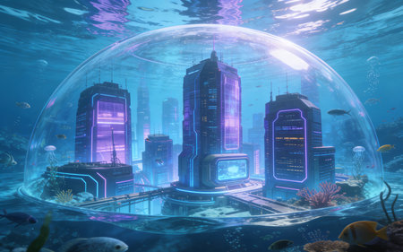 Futuristic futuristic city under the water. 3D Renderingの素材