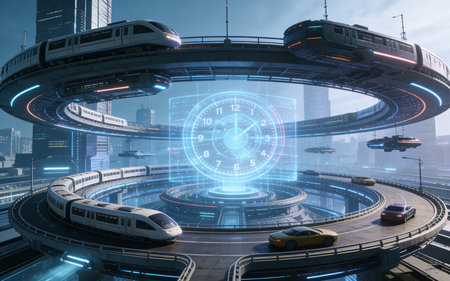 Futuristic city with fast moving trains and clock. Future and technology concept. 3D Renderingの素材