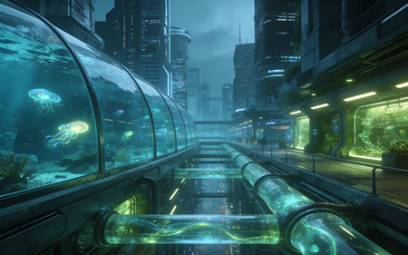 3D rendering of Futuristic corridor in a futuristic city at nightの素材