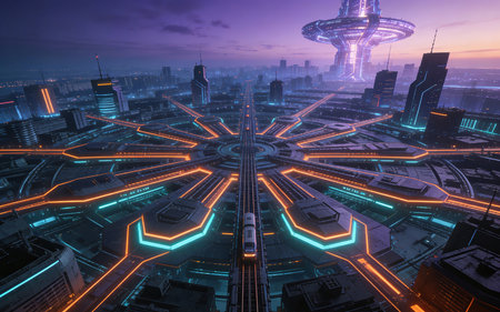 Futuristic city at night with neon lights, 3D renderingの素材