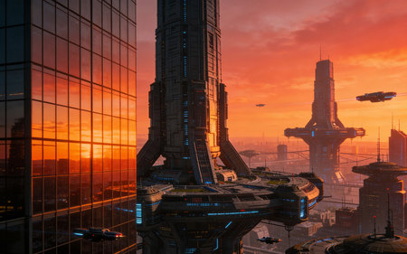 Aerial view of modern skyscrapers at sunset, Shanghai, Chinaの素材