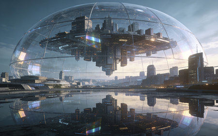 3D rendering of a futuristic city in a glass sphere with a reflectionの素材