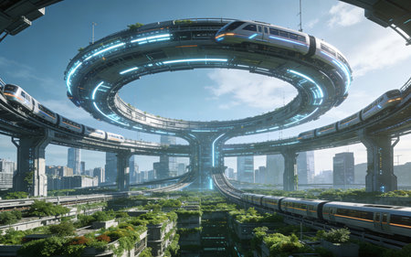 3d rendering of modern city and high-speed train in the skyの素材