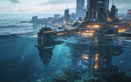 Aerial view of the underwater world with skyscrapers at nightの素材