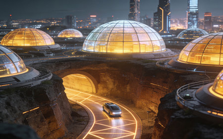 3D rendering of a futuristic city at night. Futuristic city landscape.の素材