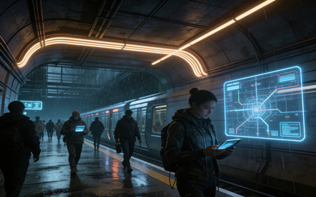 Man using smartphone in underground subway station. Futuristic technology concept.の素材