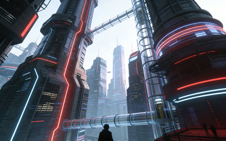 3d illustration of futuristic city with neon light and skyscrapersの素材