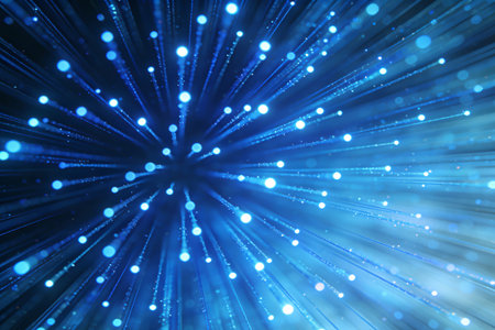 abstract blue background with rays and bokeh defocused lightsの素材