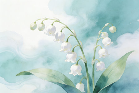 Lily of the valley on watercolor background. Spring landscape.の素材