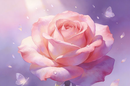 Pink rose with butterflies on a background of blue sky and sun.の素材