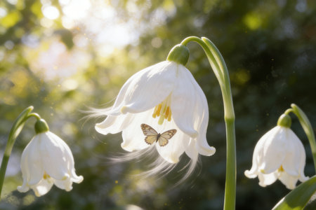 Spring flowers blooming in the garden. White snowflake flowers with butterfly.の素材