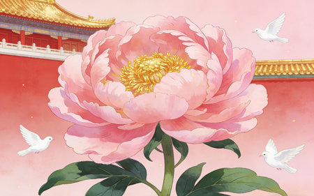 Peony and pigeons in the Chinese temple. Watercolor paintingの素材