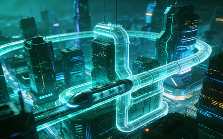 3D rendering of a futuristic city at night. The concept of cyber security.の素材
