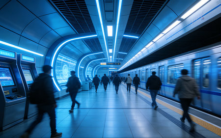 Motion blur of people in the subway station. Shallow depth of field.の素材