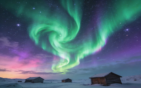 Aurora borealis, northern lights over the village in winter.の素材