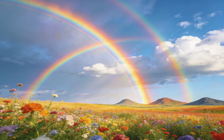 Rainbow over the meadow with multicolored flowers and mountainsの素材