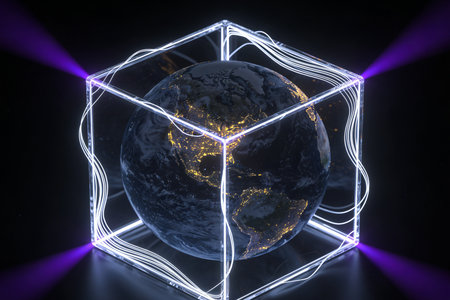 3D rendering of a cube with a wireframe and a sphereの素材