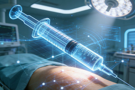 Close up of doctor hand holding syringe with glowing medical hologram. Medicine and healthcare concept. Double exposureの素材